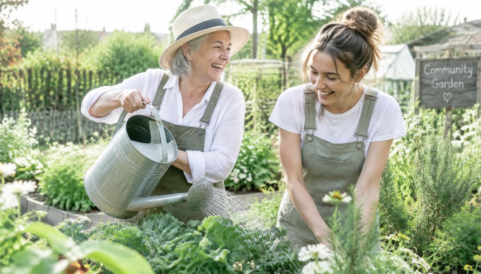 Two women of different ages laughing while watering a community garden